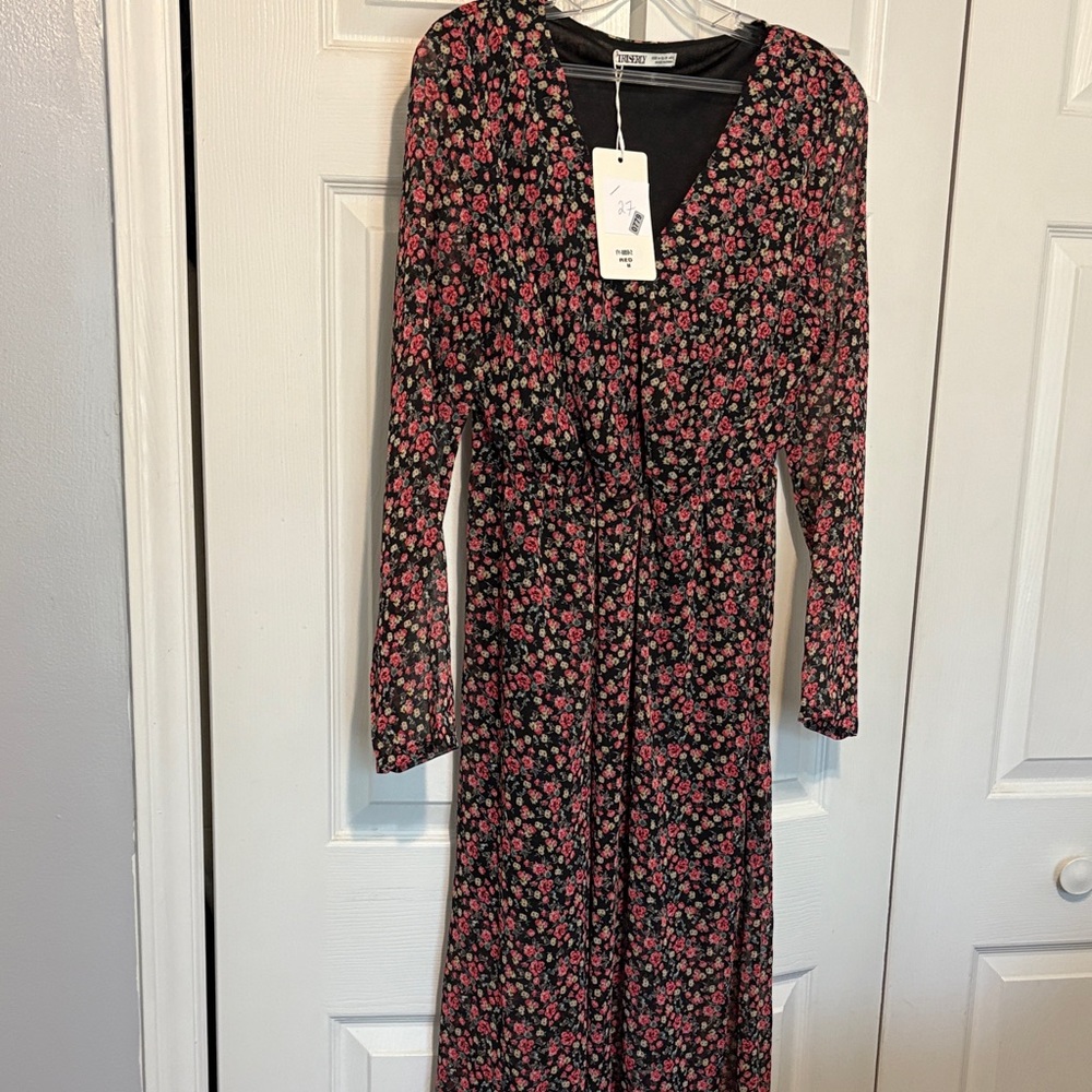 Iriserly Black and Pink Floral Long Sleeve Dress